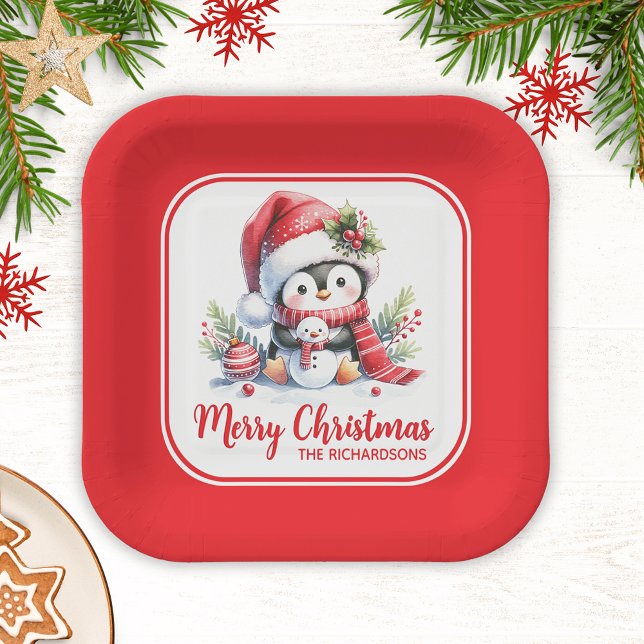 Plato De Papel Navidades adoran al Personalizado rojo pingüino Fe (Subido por el creador)