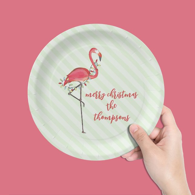 Plato De Papel Navidades adoran las festividades de las cadenas d (Simple Merry Christmas cute pink flamingo calligraphy script paper plate)