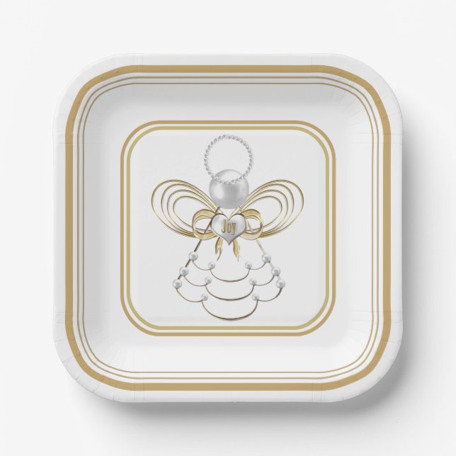 Plato De Papel Navidades Angel de Joy Pearls Gold Filigree (Anverso)