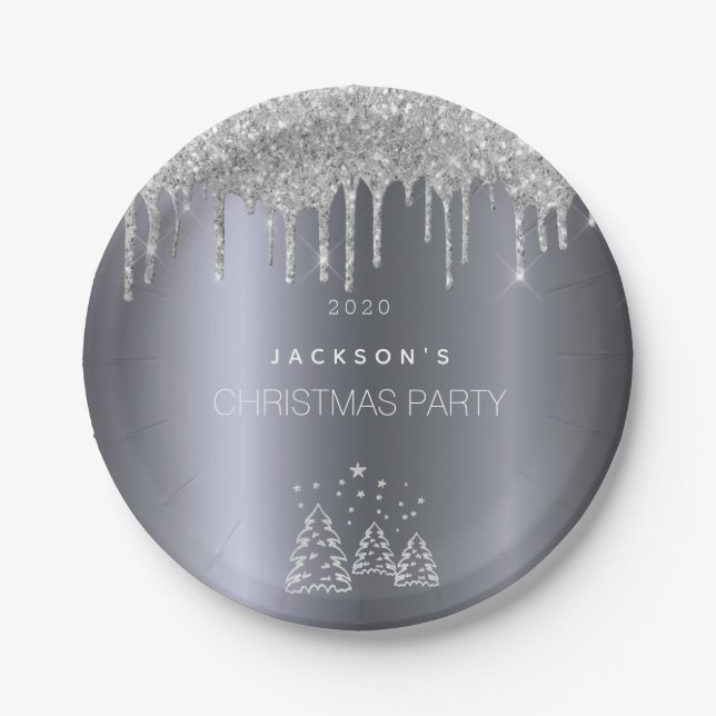Plato De Papel Navidades árboles de plata purpurinas goteo (Anverso)