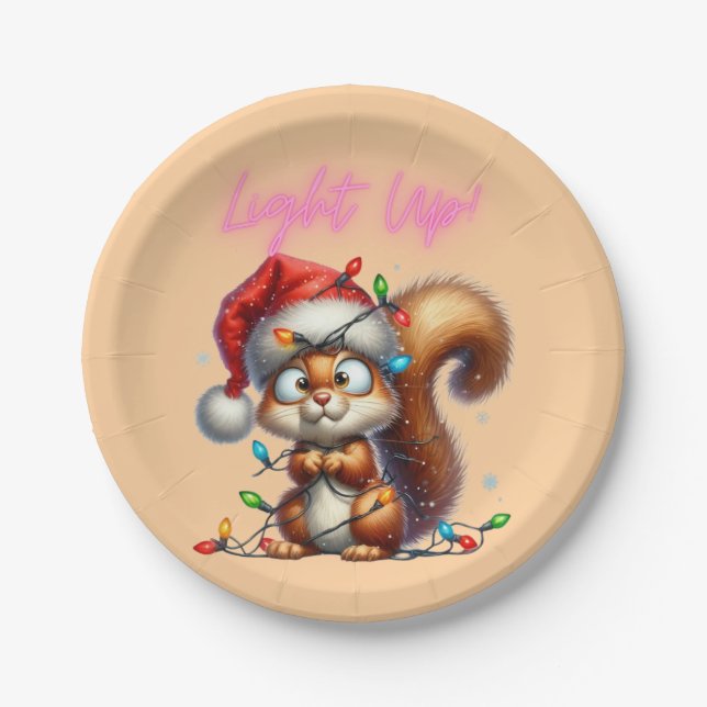 Plato De Papel Navidades ardilla con tarjeta de luces festivas (Anverso)