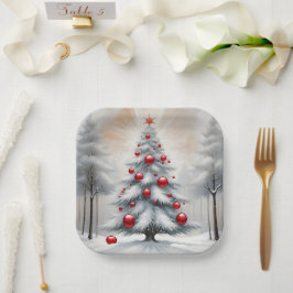 Plato De Papel Navidades Art Deco Invierno de Ornamentos Rojos