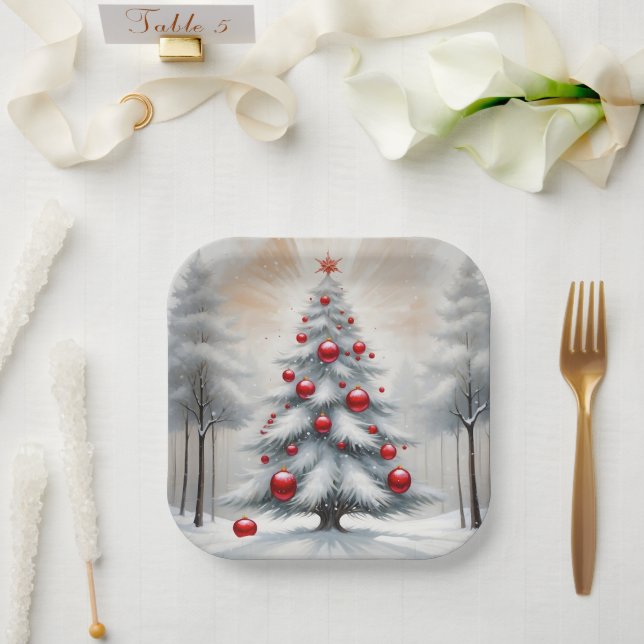 Plato De Papel Navidades Art Deco Invierno de Ornamentos Rojos (Boda)