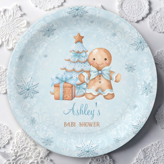 Plato De Papel Navidades azules del hombre de pan de jengibre Bab (Gingerbread Man Boy Blue Christmas Baby Shower Paper Plates)