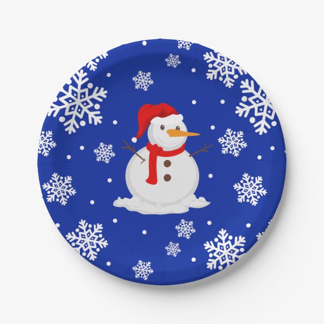 Plato De Papel Navidades azules Snowman Snowflakes (Anverso)