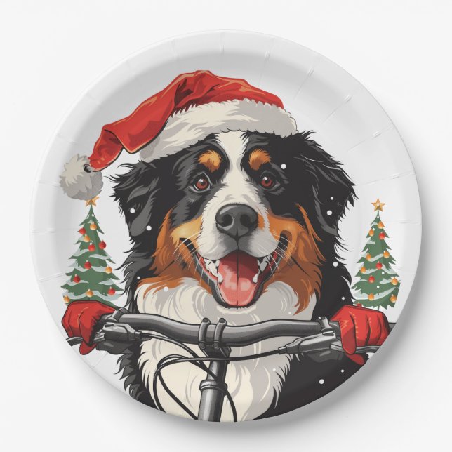 Plato De Papel Navidades Bicicleta de perro de montaña Bernese (Anverso)
