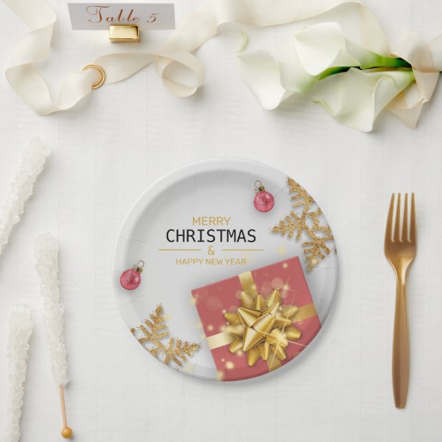 Plato De Papel Navidades Bolas Red Gift Box Gold Snowflakes (Boda)