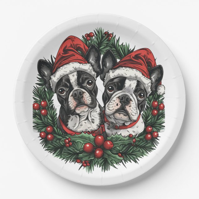 Plato De Papel Navidades Boston Terrier Dogs Holiday Wreath (Anverso)