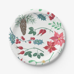 Plato De Papel Navidades botánicos tradicionales (blanco)