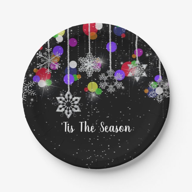 Plato De Papel Navidades Brillan De Nieve Sobre Negro (Anverso)