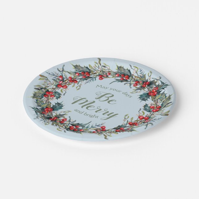 Plato De Papel Navidades brillantes de merry Wreath Berries hojas (Angular)