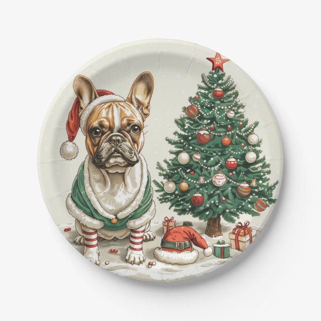 Plato De Papel Navidades Bulldog francés Elf Dog (Anverso)