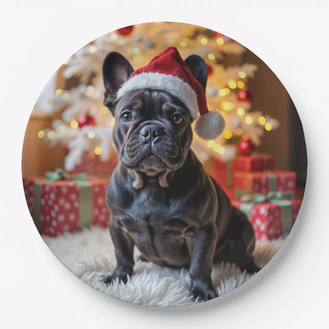 Plato De Papel Navidades Bulldog francés negro (Anverso)