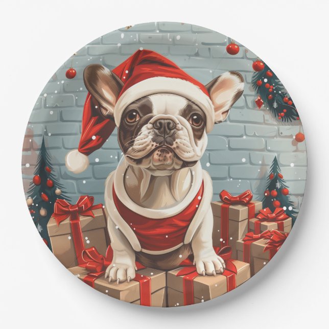 Plato De Papel Navidades Bulldog francés Santa Dog (Anverso)