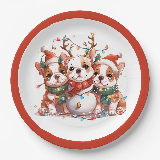 Plato De Papel Navidades Bulldog inglés Reindeer Santa (Anverso)