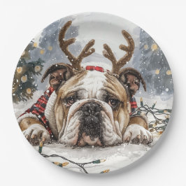 Plato De Papel Navidades Bulldog inglés reno