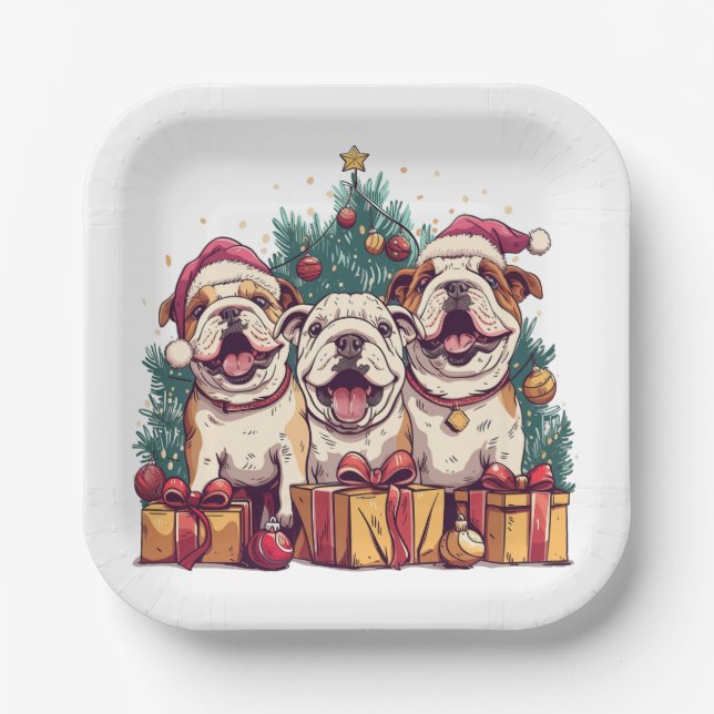 Plato De Papel Navidades Bulldog inglés Santa Hats (Anverso)