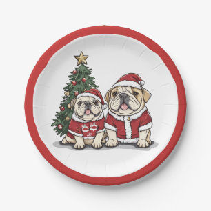 Plato De Papel Navidades Bulldog inglés Santa Hats