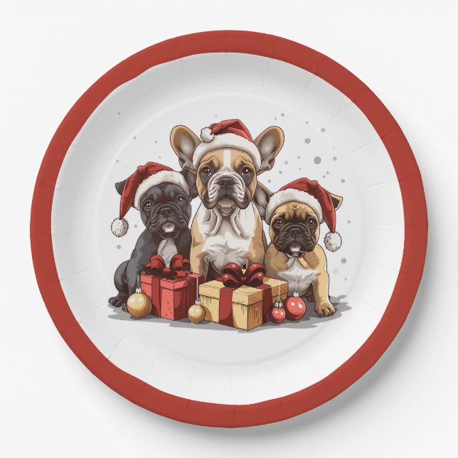 Plato De Papel Navidades Bulldoges de Santa Hat (Anverso)