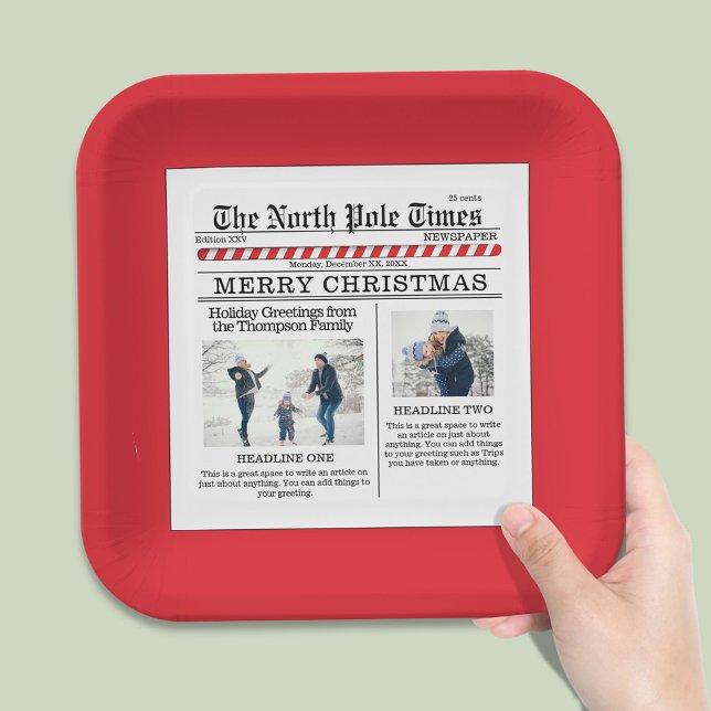Plato De Papel Navidades burlan Collage de fotos diario simple (The North Pole Time whimsical photo custom Square paper plate.)