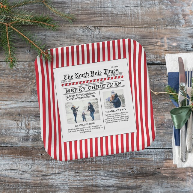Plato De Papel Navidades burlan divertido foto de periódico capri (The North Pole Time whimsical photo custom Square paper plate. With whimsical stripes. )