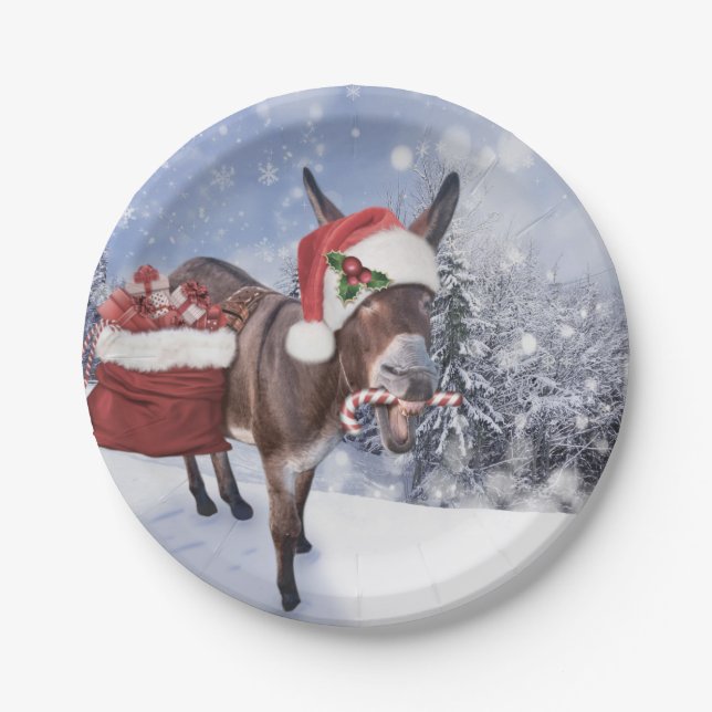 Plato De Papel Navidades burro con gorra rojo gracioso (Anverso)