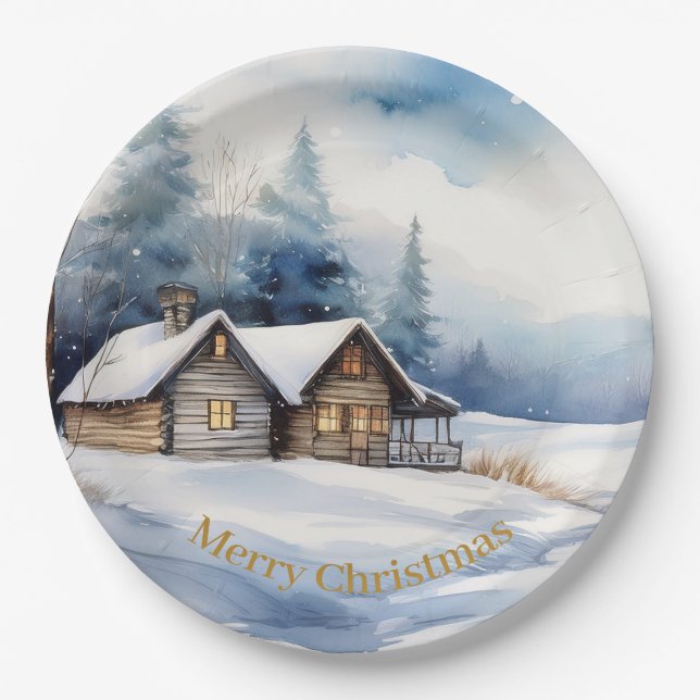 Plato De Papel Navidades Cabina en un paisaje nevado (Anverso)