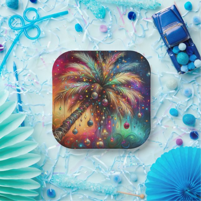 Plato De Papel Navidades caprichosos Palm Tree Tropical Beach Viv (Fiesta)