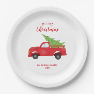 Plato De Papel Navidades Cena de Camión Rojo Fiesta Granja
