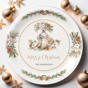 Plato De Papel Navidades Cena Fiesta Blanco y Crema Elegante