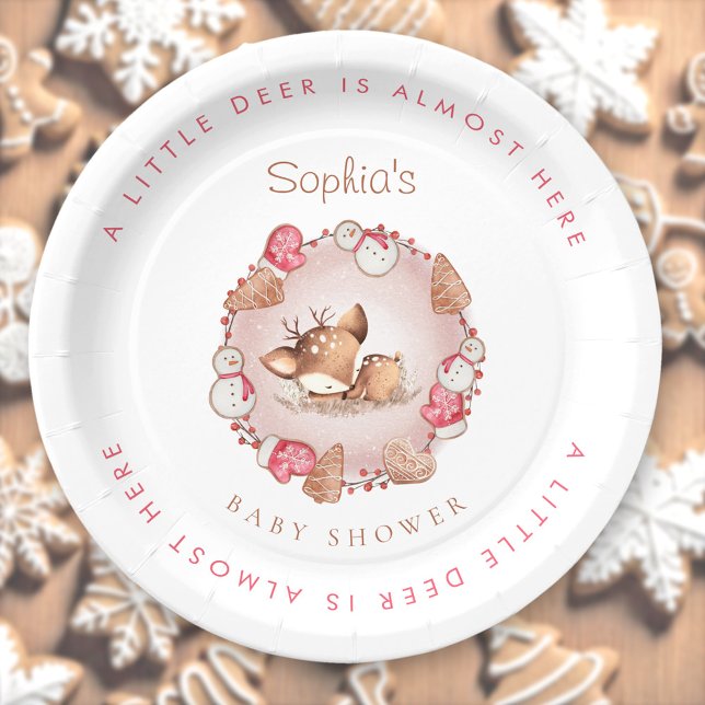 Plato De Papel Navidades Chica Baby Shower Placas de papel de cie (Christmas Girl Baby Shower Pink Deer Paper Plates)