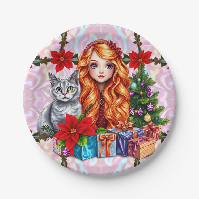 PLATO DE PAPEL NAVIDADES CHICA Y CAT ~ BONITOS (Anverso)