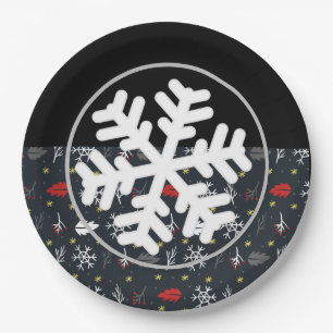 Plato De Papel Navidades con copos de nieve y hojas con espalda n