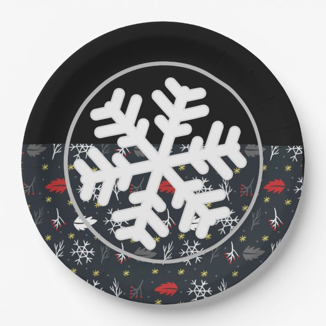 Plato De Papel Navidades con copos de nieve y hojas con espalda n (Anverso)