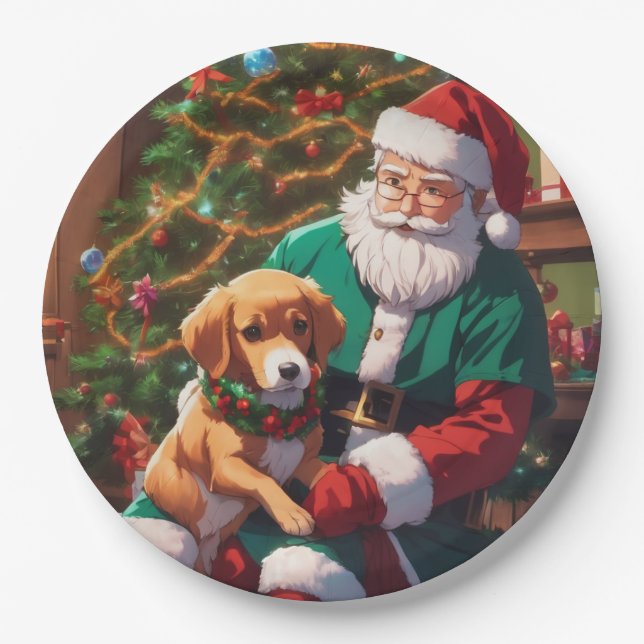 Plato De Papel Navidades con un perro feliz (Anverso)