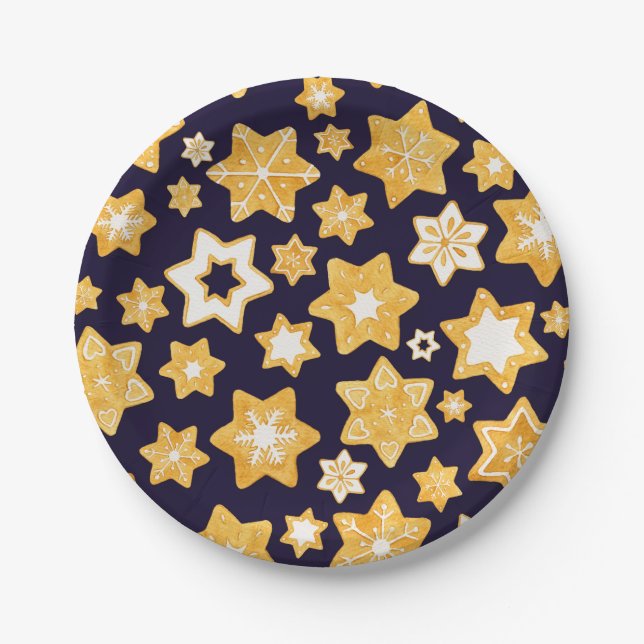 Plato De Papel Navidades Cookie Wreath con fondo azul marino (Anverso)