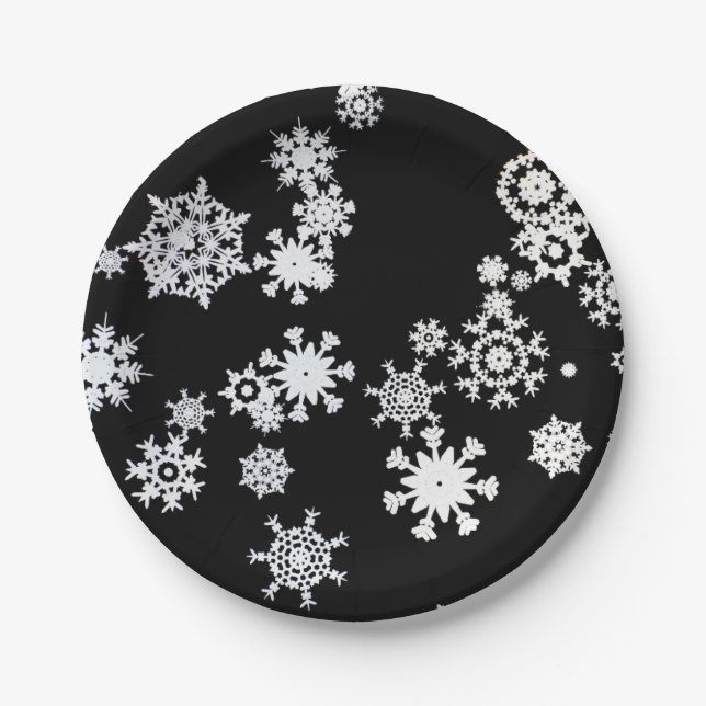 Plato De Papel Navidades Copos De Nieve Blancos Sobre Negro (Anverso)