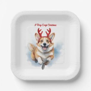 Plato De Papel Navidades Corgi con corbatas de renos saltando