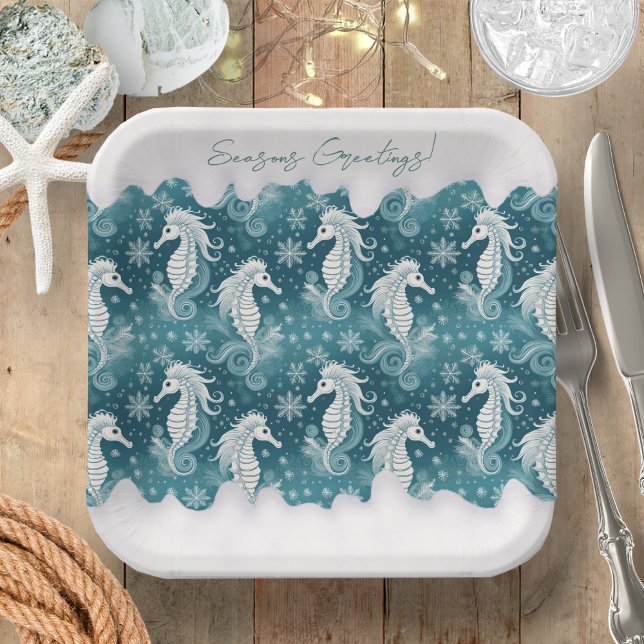 Plato De Papel Navidades costeros caballitos de mar y copos de ni (Subido por el creador)