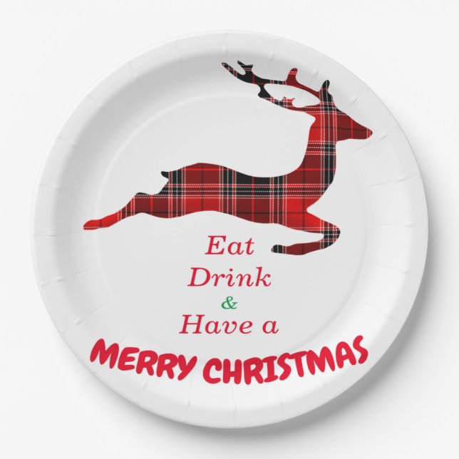 Plato De Papel Navidades cumpleaños reno búfalo plaid silueta (Anverso)