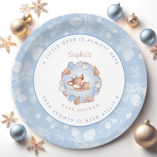 Plato De Papel Navidades Cute Blue Deer Boy Baby Shower (Christmas Cute Blue Deer Boy Baby Shower Paper Plates)