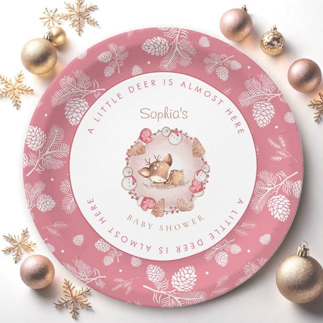 Plato De Papel Navidades Cute Chica de venado rosa Baby Shower (Christmas Cute Pink Deer Girl Baby Shower Paper Plates)