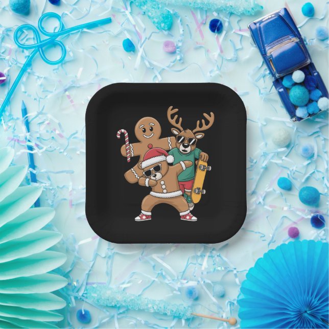 Plato De Papel Navidades Dabbing Santa Bear Skate Reindeer Xmas (Fiesta)