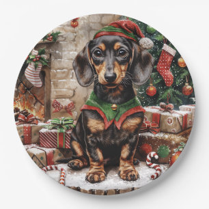 Plato De Papel Navidades Dachshund Perros Elf