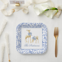 Plato De Papel Navidades de acuarela Blue Chinoiserie Bow Reindee