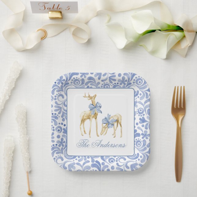 Plato De Papel Navidades de acuarela Blue Chinoiserie Bow Reindee (Boda)