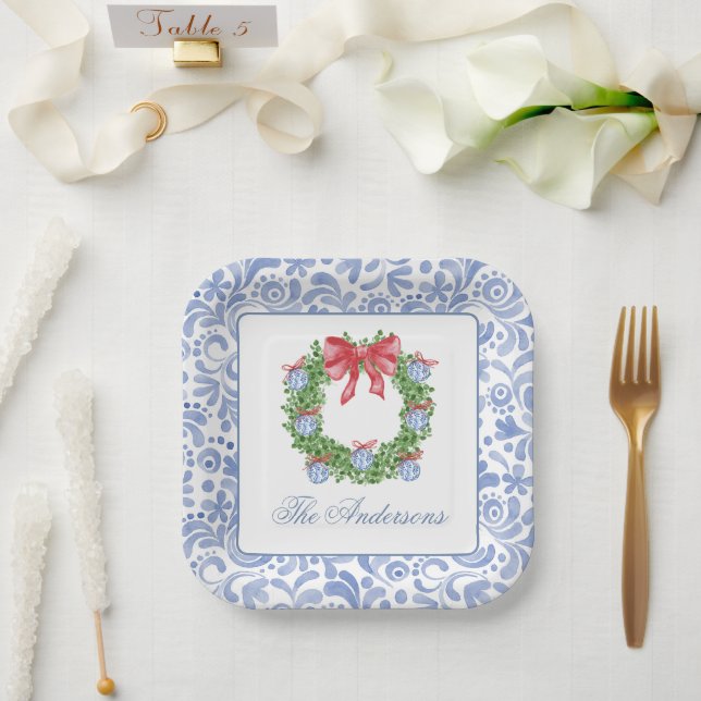 Plato De Papel Navidades de acuarela Chinoiserie Ornament Wreath (Boda)
