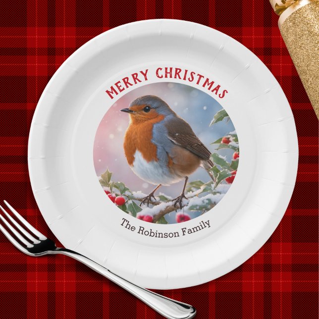 Plato De Papel Navidades de acuarela de Bonito Robin en invierno  (A personalized festive paper plate with Merry Christmas greeting and winter robin illustration)