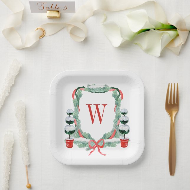 Plato De Papel Navidades de acuarela Escudo de monograma topiario (Boda)
