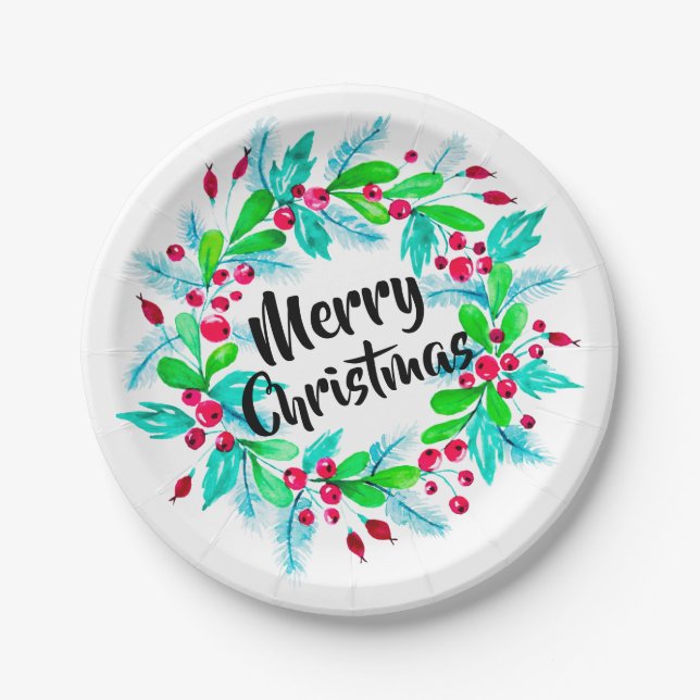 Plato De Papel Navidades de acuarela Floral Wreath Feliz Navidad (Anverso)
